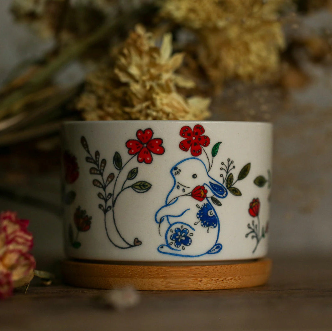Mini macetero cerámico floral año del conejo.